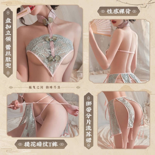 霏慕 蕾丝肚兜流苏复古分片裙 灰绿+粉